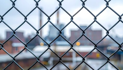Fototapeta premium A blurred urban scene viewed through a chain-link fence, highlighting industrial buildings beyond
