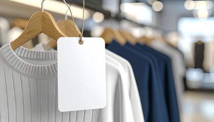 A display of neatly arranged clothing items on hangers with an empty tager in a retail environment