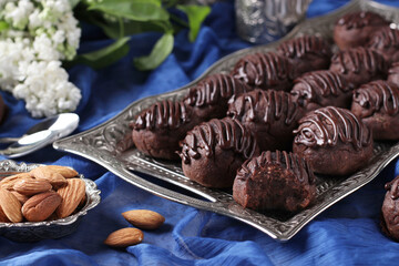 Homemade chocolate cookies on metal tray