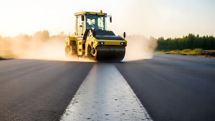 Road Roller Compacting Asphalt on a Newly Laid Highway during Daytime