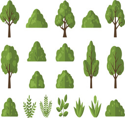 Assortment of Flat Design Green Trees and Bushes on White Background Keywords: flat design, trees, bushes, plants