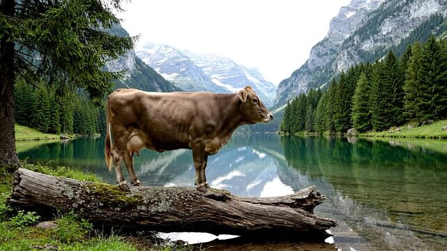 A cow stands on a log overlooking a reflective lake, framed by mountains and evergreen trees