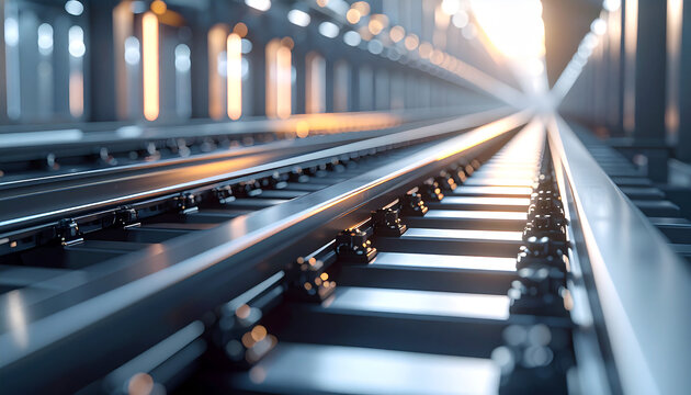 Journey into Infinity: A mesmerizing perspective of train tracks converging into the distance, with a beam of sunlight. the essence of travel, anticipation, and the thrill of the open road.