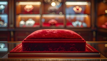 A plush red display cushion in a luxury jewelry store, showcasing elegance and sophistication