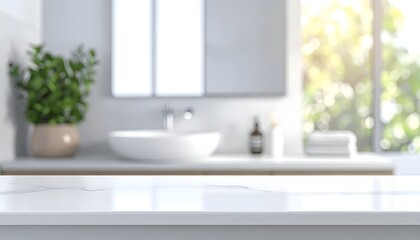 A serene bathroom setting with a modern sink, natural light, and greenery in the background