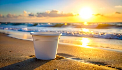 A white bucket sits on sandy beach sand, with waves gently lapping at it during sunset