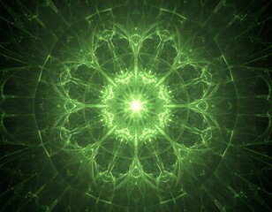 Glowing green fractal design, radial symmetry, abstract patterns