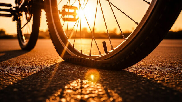 Bicycle wheel with flat tire at sunset on asphalt deflated