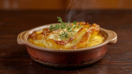A beautifully plated Tartiflette served in a rustic ceramic dish, with crispy golden-brown cheese bubbling on top.