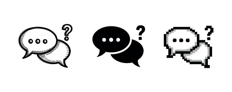 Three speech bubble icons in sketch, solid, and pixel art styles - Powered by Adobe