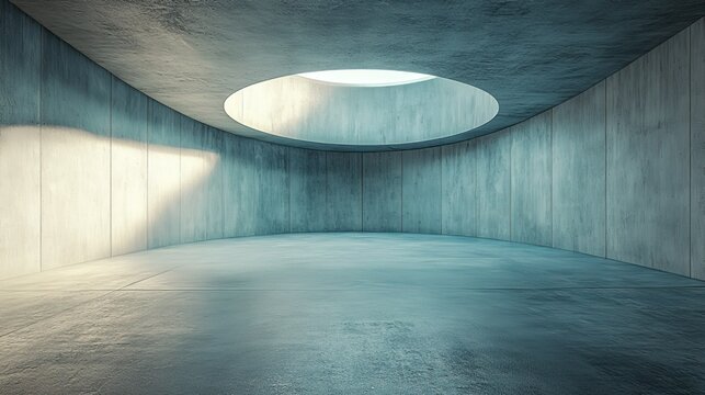 Empty Concrete Room with Circular Skylight and Natural Light Effect