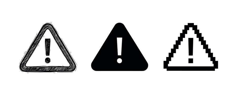 Warning sign trio with exclamation marks in sketch, solid, and pixelated styles