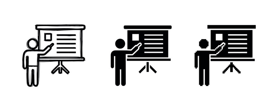 Simple presentation icons featuring figures and flipcharts in black and white