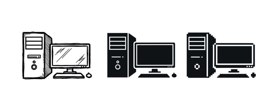 Illustration of desktop computer setups in various artistic styles