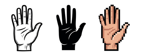 Obraz premium Diverse hand illustrations: vintage, silhouette, pixel art styles