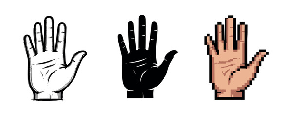 Fototapeta premium Three distinct hand illustrations: line art, silhouette, pixel style