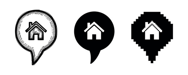 Three iconic home symbols: sketch, solid, and pixel styles