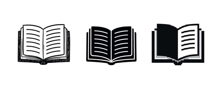Set of three open book icons in black and white