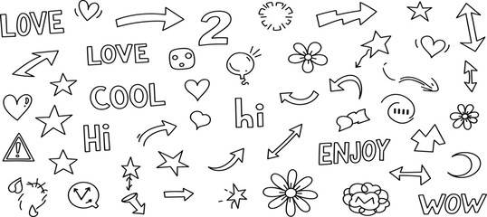 A collection of hand-drawn doodles featuring various symbols and words on a white background