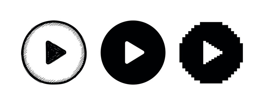 Sketched, solid, and pixelated play button icons on white background