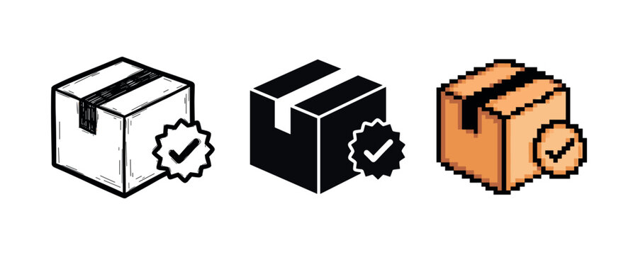 Three styles of boxes with check marks: sketch, solid, pixel art