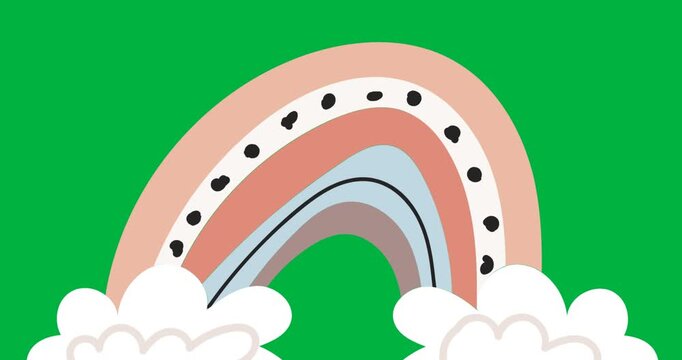 Digital animation of rainbow and clouds icon with copy space on black background