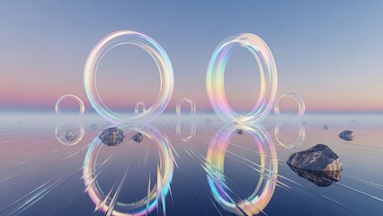 surreal scene of glowing rainbow-colored rings floating above calm reflective water with scattered