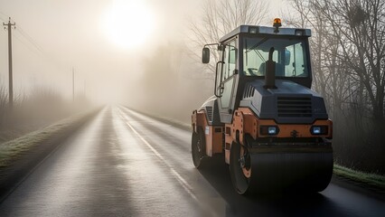 Road Roller Operating on a Foggy Road at Dawn with Trees and Power Lines