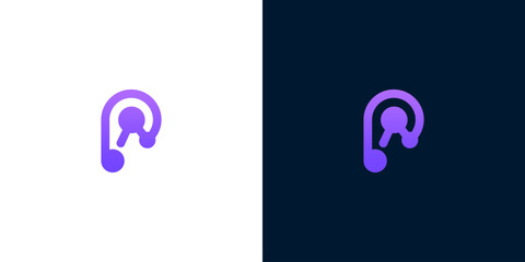Modern and vibrant purple letter P logo design, abstractly integrating a musical note or headphone element, ideal for audio, podcast, and digital sound branding
