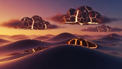 Surreal volcanic landscape with glowing lava eruptions and crackling clouds under a twilight sky