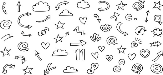 A diverse collection of simple black line icons on a white background illustrating various abstract concepts and objects