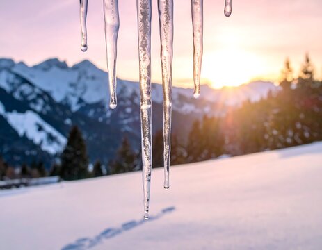 Stunning close-up of icicles with snowy landscape at sunrise