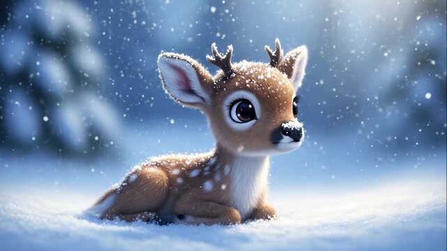 Cartoon deer resting in the snow with soft lighting and bokeh background