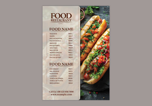 Editable Restaurant Food Menu Template with Hot Dog Image and Text Placeholder in Beige Design.