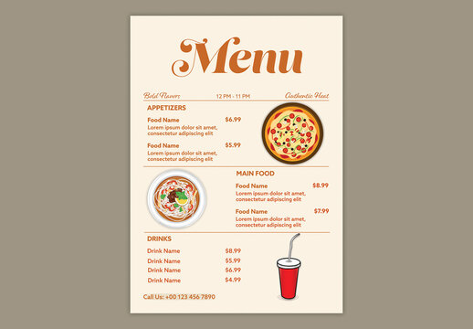 Editable Restaurant Food and Drinks Menu Template with Text Placeholder in Beige Color Design.