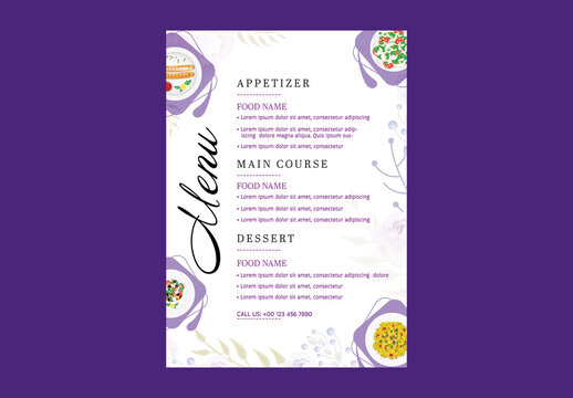 Editable Restaurant Menu Card Template with Text Placeholder and Delicious Food Illustrations in White and Purple Color Design.