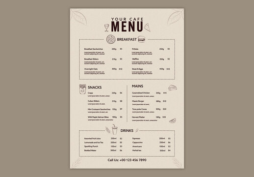 Editable Restaurant Food and Drinks Menu Template with Text Placeholder in Beige Color Design.