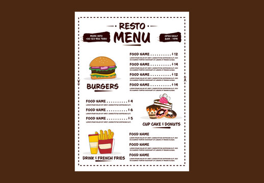 Editable Restaurant Menu Card Template Design with Fast Food Items and Dessert Illustrations on White Background.