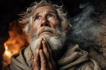Elderly sage in prayerful contemplation amidst swirling smoke and warm firelight