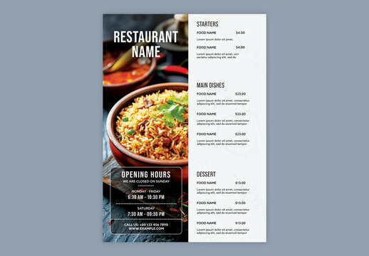 Editable Modern Restaurant Menu Card Template Design with Food Image, Price List and Opening Hours.