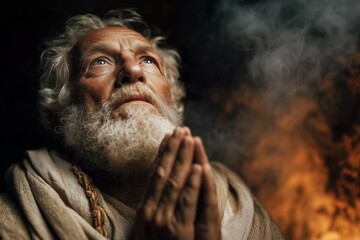Elderly man in deep prayer, surrounded by warm, mystical light and smoky ambiance
