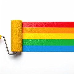A paint roller creates a rainbow stripe on a white background