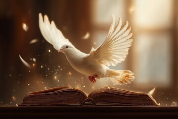 Majestic Dove Soaring Above an Open Book with Ethereal Light and Floating Feathers