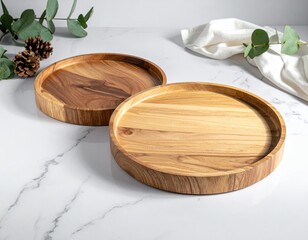Two wooden serving platters on a marble surface with greenery