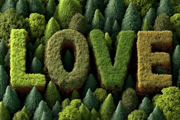 Nature's Embrace: Forest Trees Form the Word 'Love' in Organic Green Artistic Design