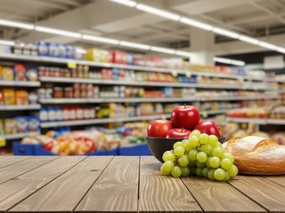 Fototapeta premium Supermarket aisle displaying fresh fruits and bread