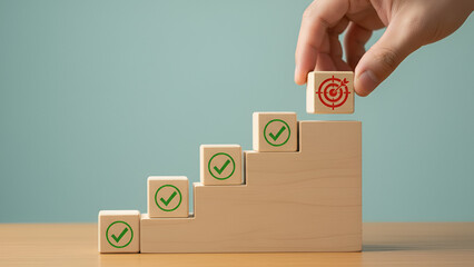Progressive growth with wooden blocks and check marks symbolizing steady improvement

