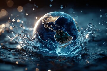 Illuminated Earth Emerging from Water, Surrounded by Sparkling Droplets and Dark Reflections