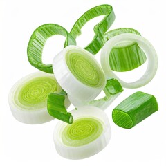 Floating leek slices, close-up on a white background, isolated