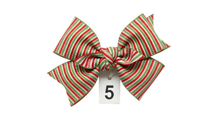 Red and Green Striped Ribbon Bow with White Number Five Tag for Christmas or Birthday
